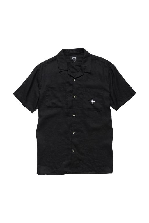 Stussy Mens Short Linen SS Shirts Black - JIWAH3781